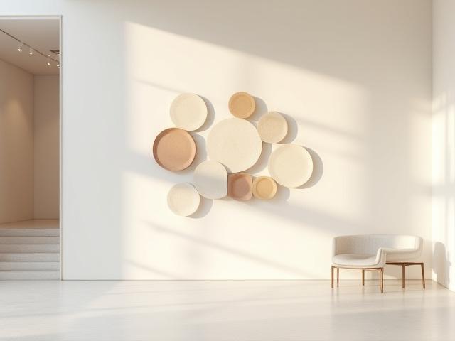 Eine moderne, abstrakte Keramik-Kunstinstallation in einem großen, hellen Raum